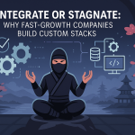 Ninja meditating in a high-tech dojo overlooking a futuristic city, surrounded by integration and tech icons.