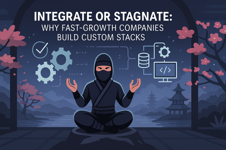 Ninja meditating in a high-tech dojo overlooking a futuristic city, surrounded by integration and tech icons.