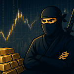 Ninja guarding gold bars with data streams representing the digital gold rush bullion tech trend