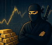 Ninja guarding gold bars with data streams representing the digital gold rush bullion tech trend