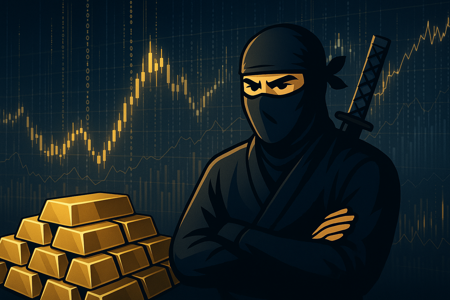 Ninja guarding gold bars with data streams representing the digital gold rush bullion tech trend