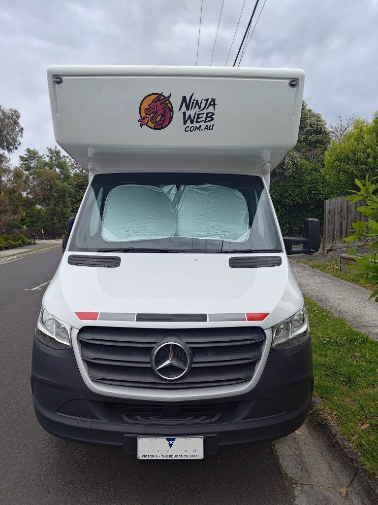 Front view of the Mercedes Sprinter KEA motorhome after NinjaWeb branding was applied.