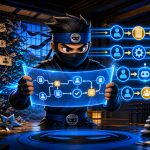 AI business process illustrated by a NinjaWeb ninja mapping clear automation rules in a digital dojo