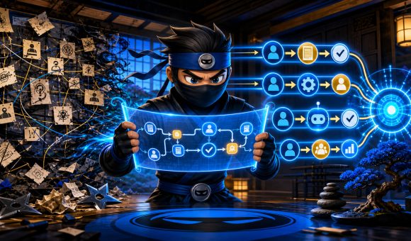 AI business process illustrated by a NinjaWeb ninja mapping clear automation rules in a digital dojo