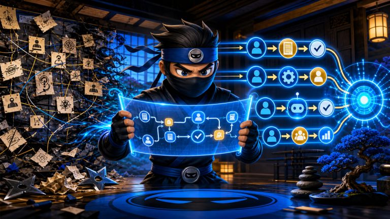 AI business process illustrated by a NinjaWeb ninja mapping clear automation rules in a digital dojo