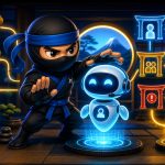 AI chatbots illustrated with a NinjaWeb ninja controlling chatbot rules escalation and customer paths