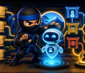 AI chatbots illustrated with a NinjaWeb ninja controlling chatbot rules escalation and customer paths