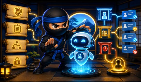 AI chatbots illustrated with a NinjaWeb ninja controlling chatbot rules escalation and customer paths