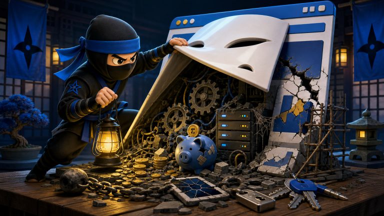 cheap website costs illustrated by a NinjaWeb ninja uncovering hidden rebuild and maintenance debt