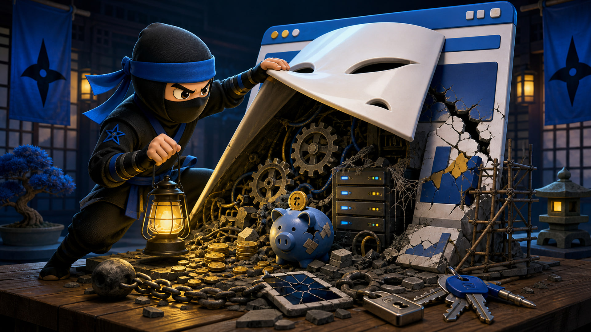 cheap website costs illustrated by a NinjaWeb ninja uncovering hidden rebuild and maintenance debt