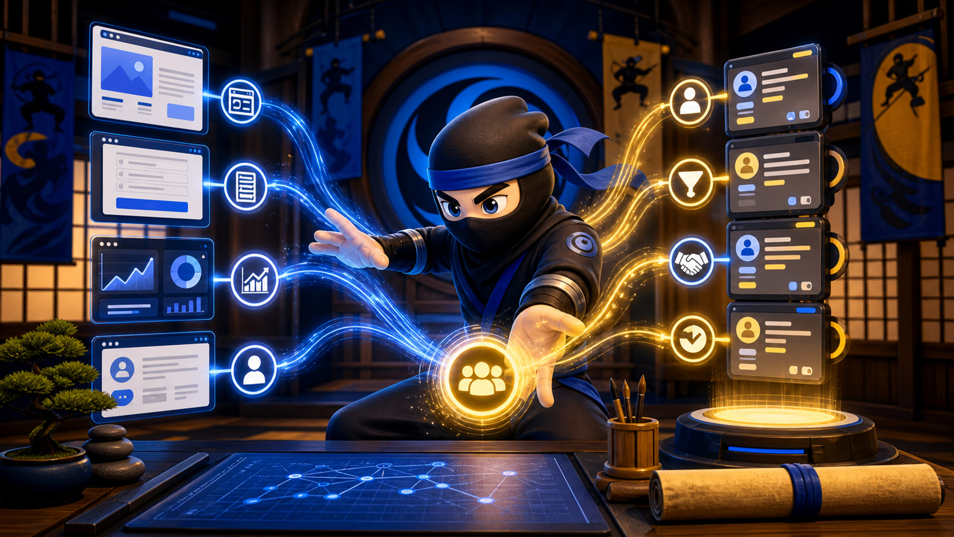 CRM website signals illustrated with a NinjaWeb ninja connecting forms analytics and lead workflows