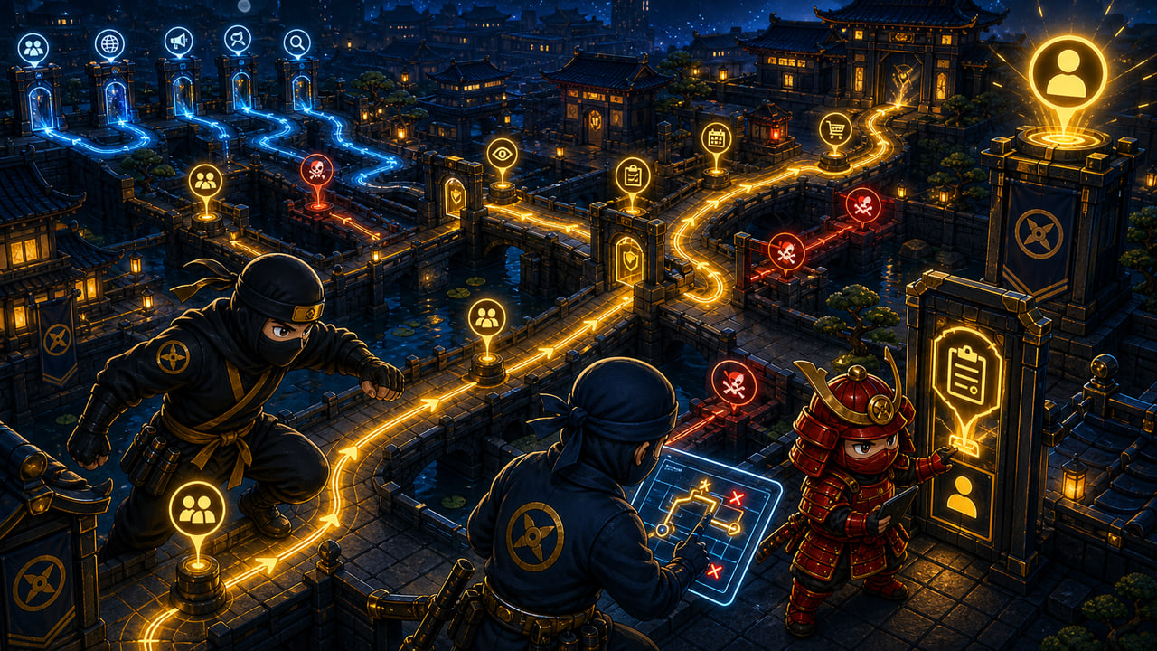 Customer Path Testing illustrated by NinjaWeb operators checking website route checkpoints