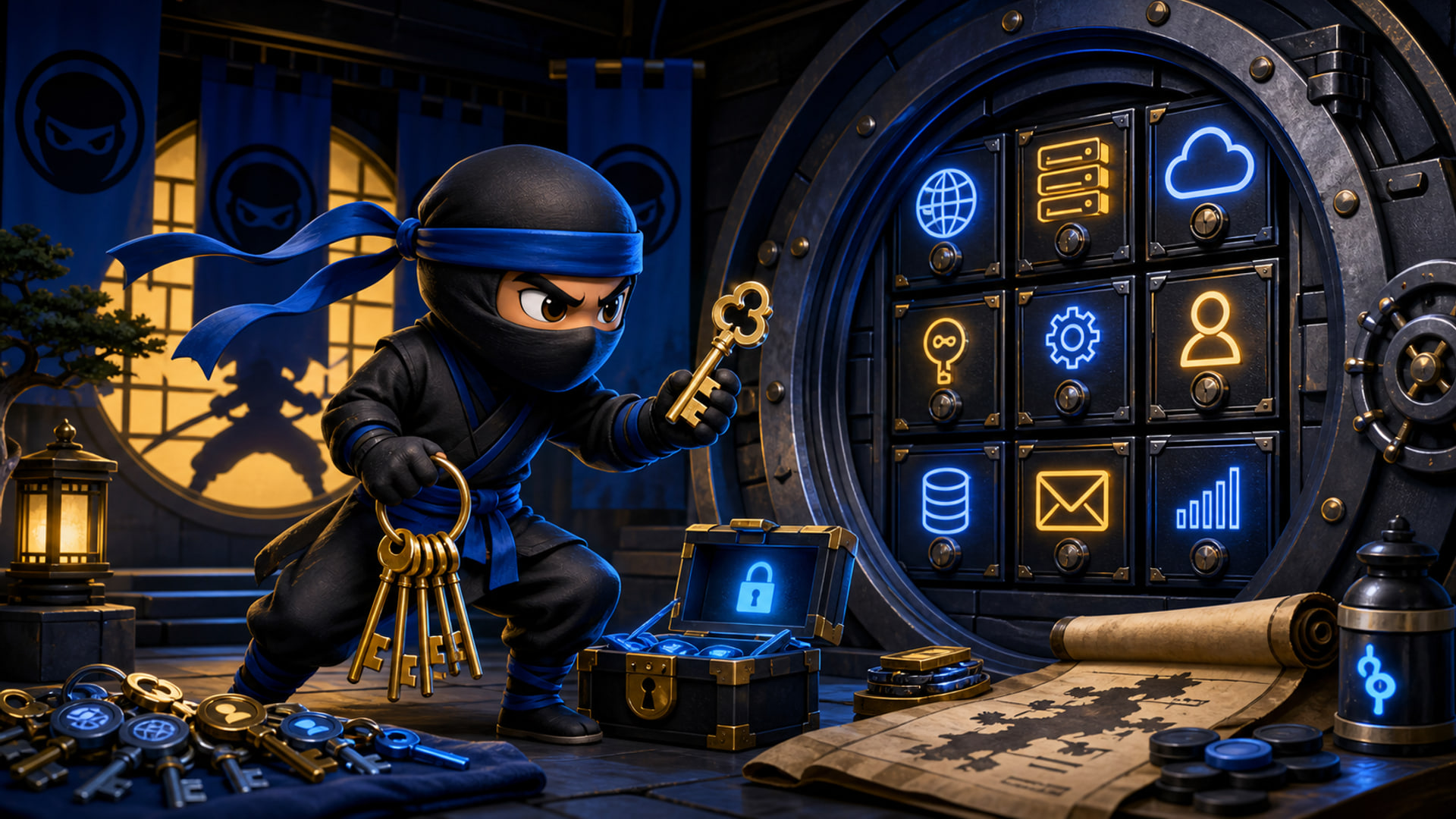 digital access risk illustrated with a NinjaWeb ninja securing domain hosting and admin keys