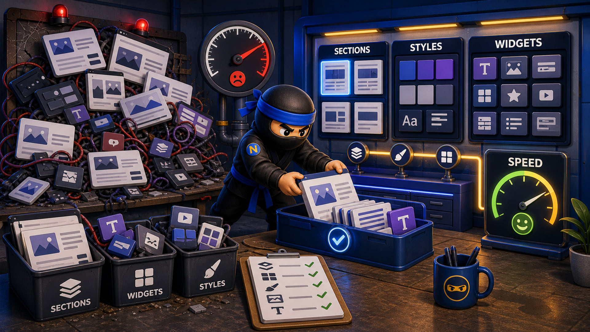 Elementor Sites Get Heavy When Nobody Owns the Layout System illustrated as a NinjaWeb featured image