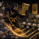 EOFY website cleanup illustrated with a NinjaWeb ninja sorting invoices, outdated plugins, broken forms and tracking clutter into clean website maintenance lanes