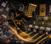 EOFY website cleanup illustrated with a NinjaWeb ninja sorting invoices, outdated plugins, broken forms and tracking clutter into clean website maintenance lanes