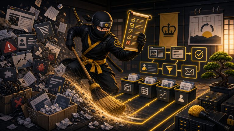 EOFY website cleanup illustrated with a NinjaWeb ninja sorting invoices, outdated plugins, broken forms and tracking clutter into clean website maintenance lanes