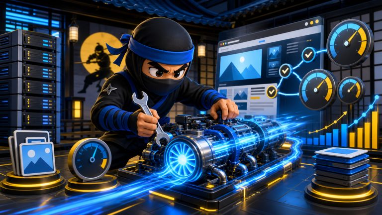 fast website system illustrated with a NinjaWeb ninja tuning hosting pages and performance signals