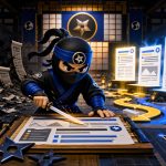 Google ranks result illustrated with a NinjaWeb ninja sharpening SEO pages and search intent paths