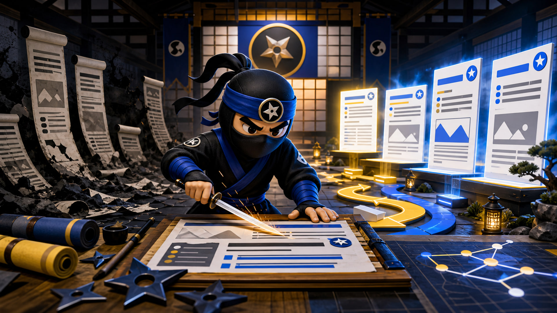 Google ranks result illustrated with a NinjaWeb ninja sharpening SEO pages and search intent paths