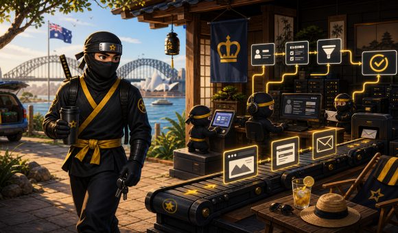 Kings Birthday long weekend illustrated with a NinjaWeb ninja stepping away while automated website, form, CRM and lead workflows keep running