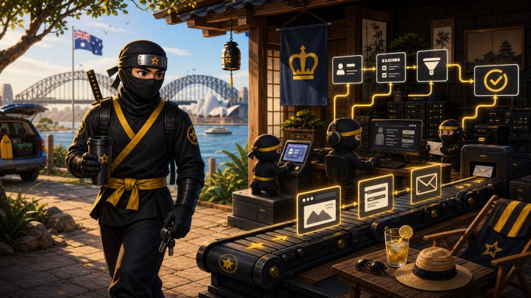 Kings Birthday long weekend illustrated with a NinjaWeb ninja stepping away while automated website, form, CRM and lead workflows keep running