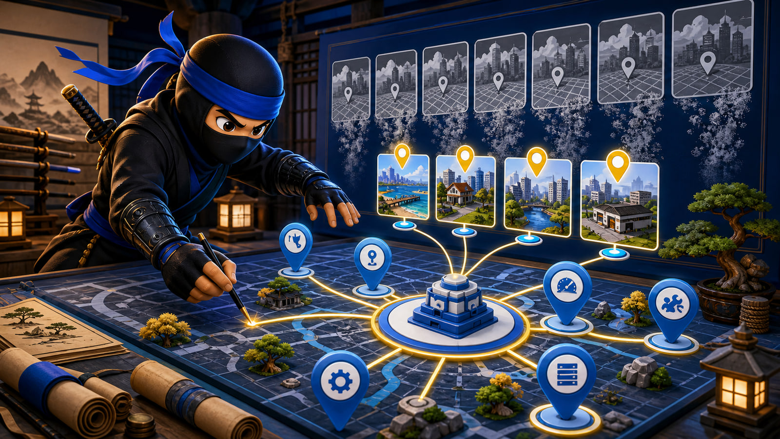 location pages SEO map illustrated with a NinjaWeb ninja connecting city pages to service intent