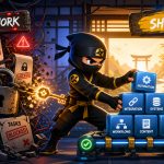 Work hostage metaphor with a NinjaWeb AI developer unlocking stuck technical work into shipped systems