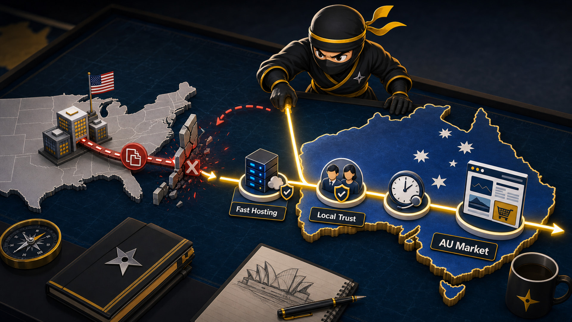 US companies selling into Australia shown as a NinjaWeb strategist rebuilding a US route into an Australian market path