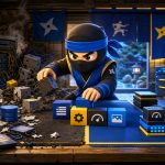 website stack illustrated with a NinjaWeb ninja organizing messy hosting plugins and scripts