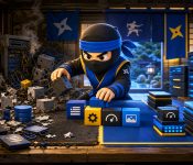website stack illustrated with a NinjaWeb ninja organizing messy hosting plugins and scripts