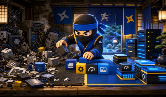 website stack illustrated with a NinjaWeb ninja organizing messy hosting plugins and scripts
