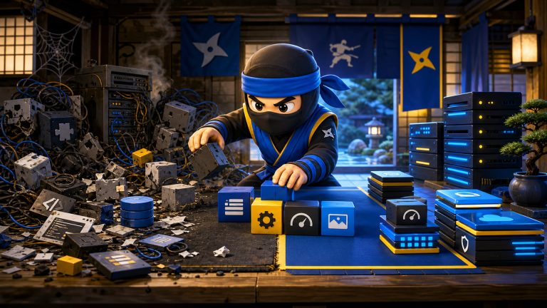 website stack illustrated with a NinjaWeb ninja organizing messy hosting plugins and scripts