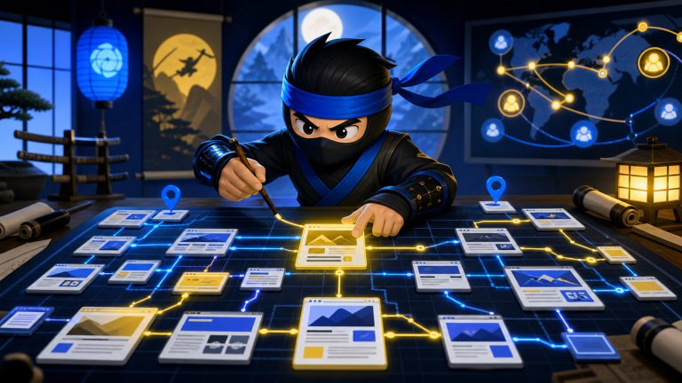 website structure SEO map illustrated with a NinjaWeb ninja organizing pages and internal links