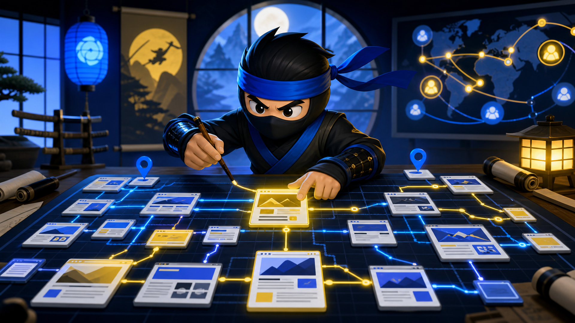 website structure SEO map illustrated with a NinjaWeb ninja organizing pages and internal links