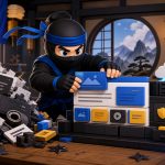 WordPress system discipline illustrated with a NinjaWeb ninja arranging clean website components