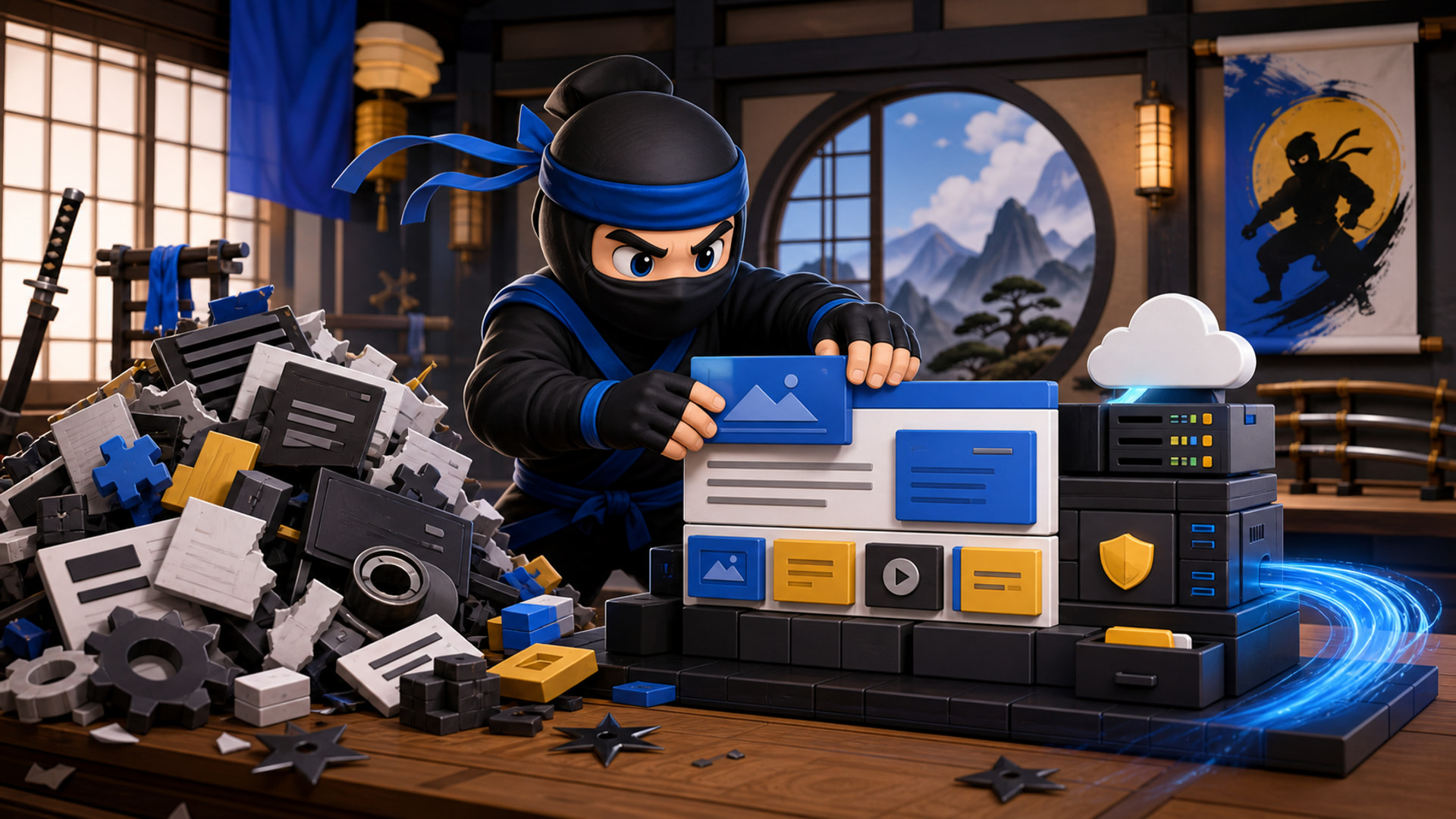WordPress system discipline illustrated with a NinjaWeb ninja arranging clean website components