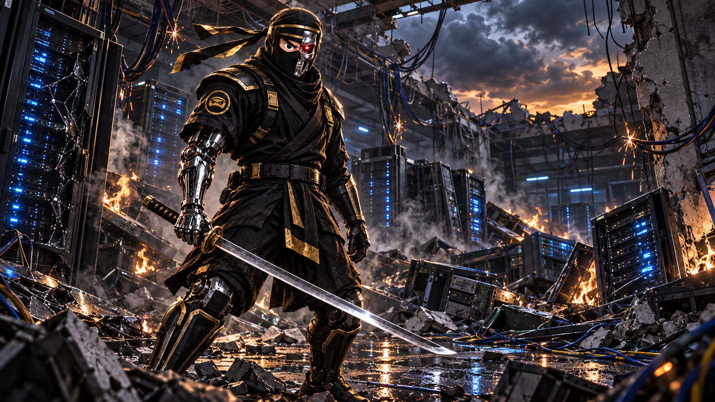 Fictional NinjaWeb Terminator in a destroyed data centre, illustrating unchecked AI authority