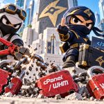 NinjaWeb mechanic breaks subscription chains while a ninja raises a middle finger above Adobe, cPanel WHM and WHMCS padlocks