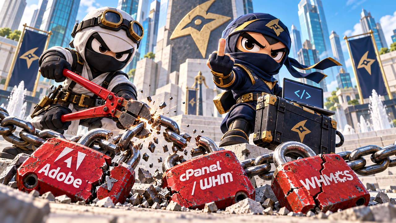NinjaWeb mechanic breaks subscription chains while a ninja raises a middle finger above Adobe, cPanel WHM and WHMCS padlocks