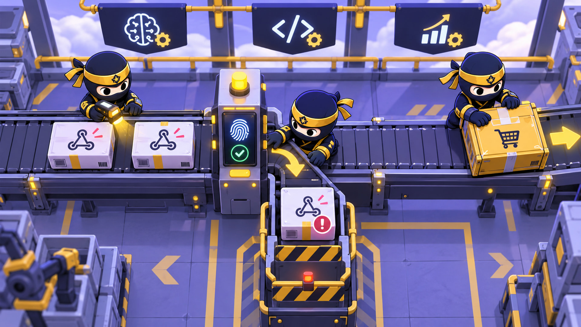 NinjaWeb team routes repeated webhook parcels through an identity checkpoint into one order and a duplicate holding lane