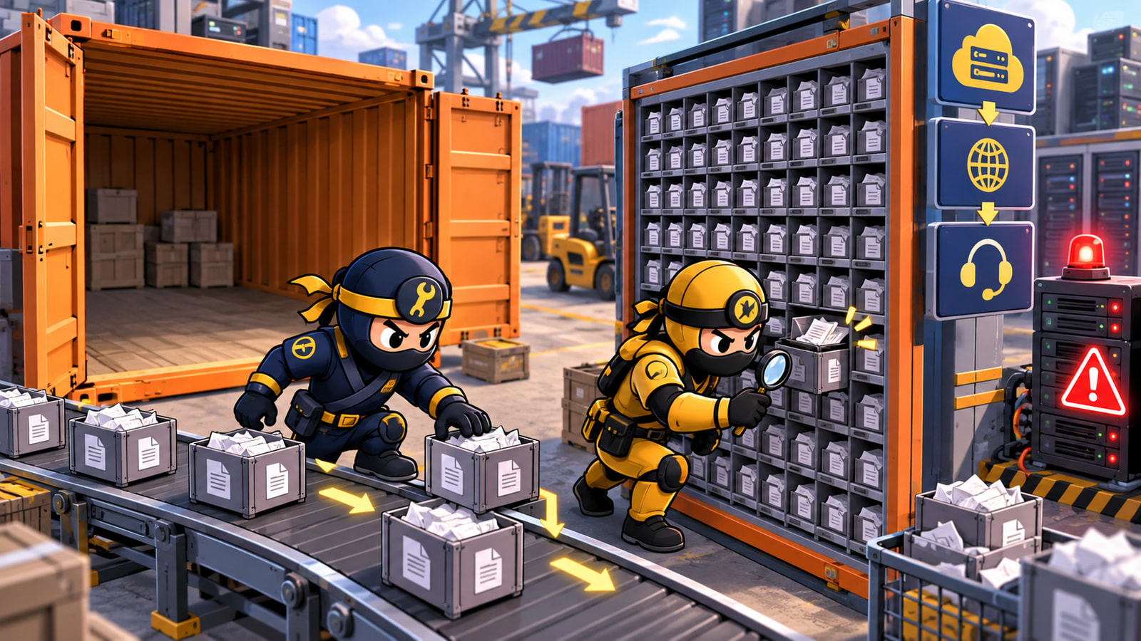 Uploads failing despite free space illustrated by NinjaWeb operators inspecting full file slots beside an empty container