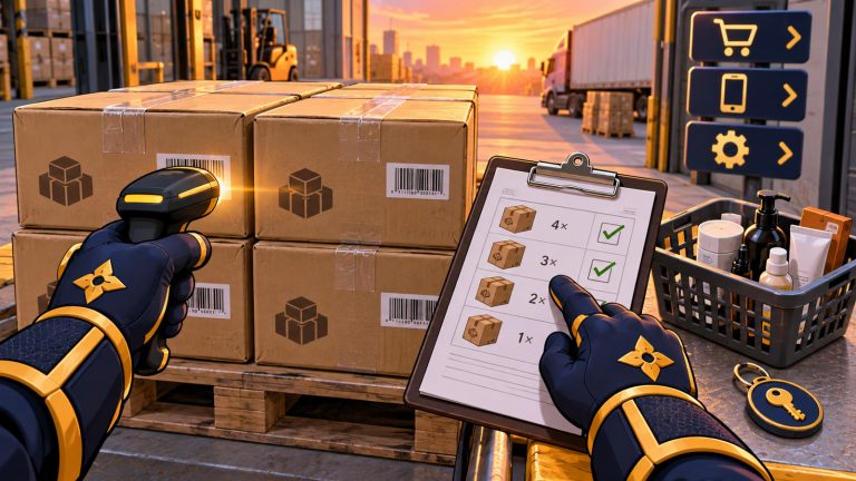 Wholesale customers order case packs matched to a purchase order by a NinjaWeb operator at a loading dock